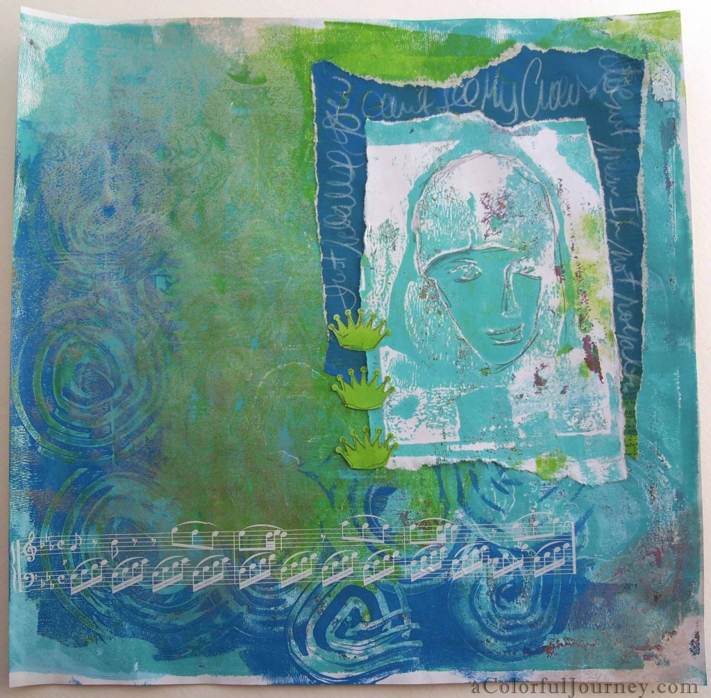 Art journal page using a Gelli Plate print, Catalyst tool, and Backporch Artessa stamps