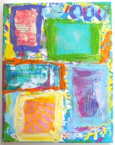 A Colorful Gelli Print Party with Carolyn Dube collaged canvas work in progress