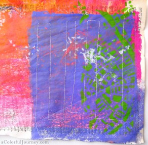 Art Journal page using a Gelli print, PanPastels, and a stencil from the free workshop Use Your Words
