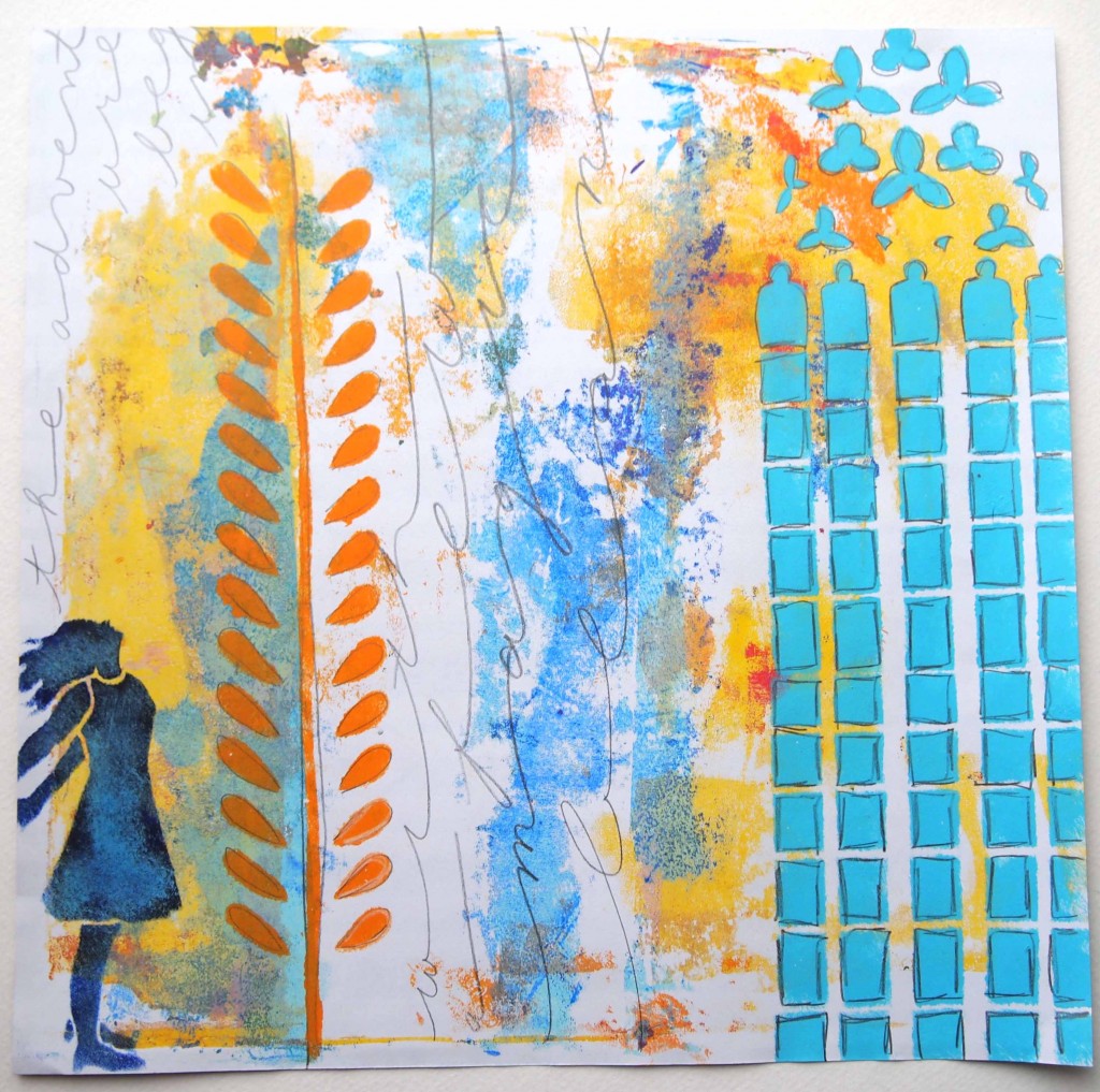 A gelli print starts and guides an art journal page by Carolyn Dube