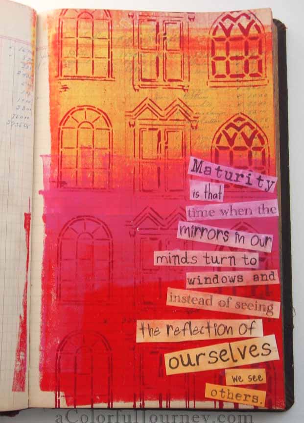 Art journal page using Jessica Sporn's Windows and Doors stencil by Carolyn Dube
