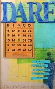 Step by step art journal page by Carolyn Dube using PanPastels, Dina Wakley stamp, and a vintage bingo card.