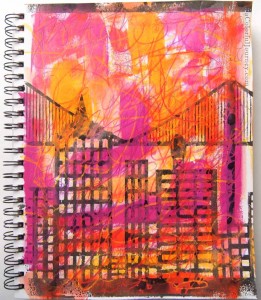 Step by step art journal page by Carolyn Dube using Julie Balzer's Cityscape stencil 