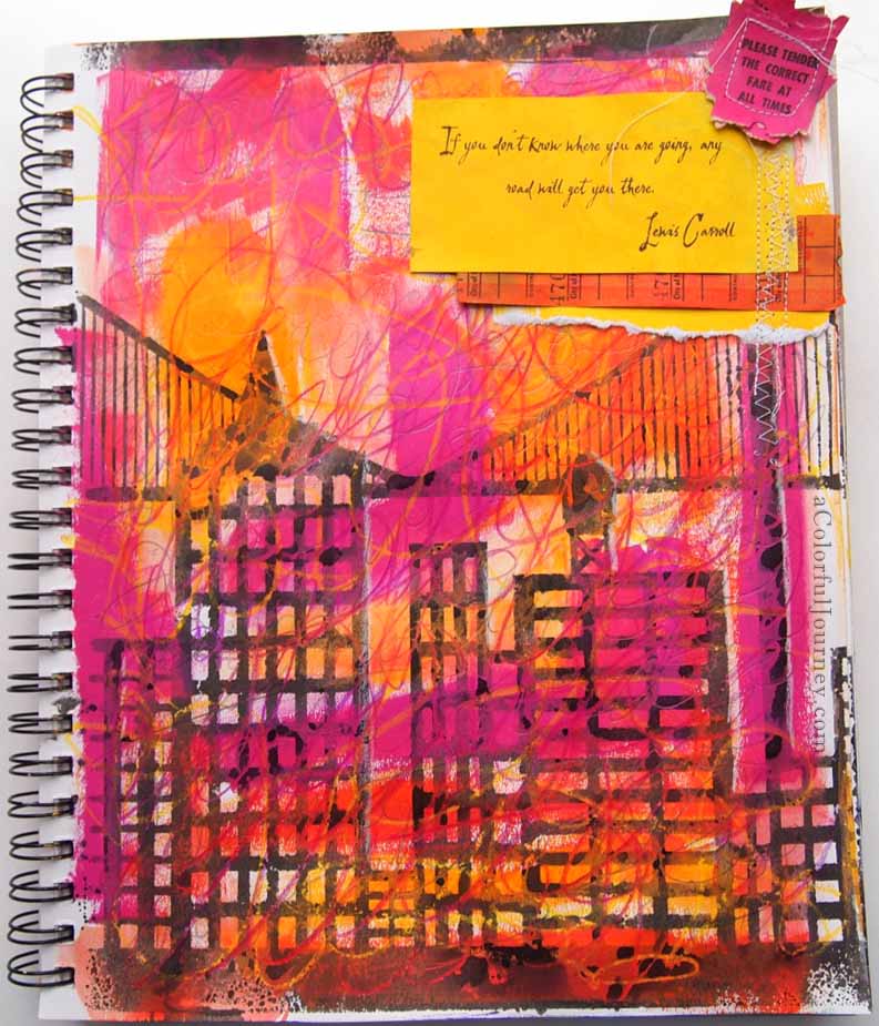 Step by step art journal page by Carolyn Dube using Julie Balzer's Cityscape stencil 