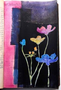 Step by step art journal page by Carolyn Dube using Pan Pastels and Twinkling H2O's