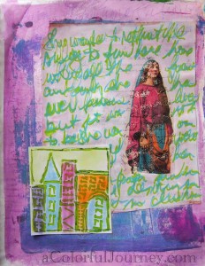 Step by step art journal page by Carolyn Dube using Lesley Riley's TAP, PanPastels, Liquitex Markers, a Gelli Print, and Jamie Fingal's StencilGirl Products stencil