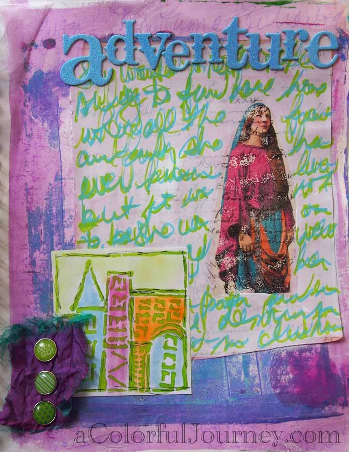 Step by step art journal page by Carolyn Dube using Lesley Riley's TAP, PanPastels, Liquitex Markers, a Gelli Print, and Jamie Fingal's StencilGirl Products stencil