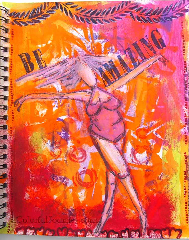 Art journal page using Sue Pelletier and Maria McGuire's stencils and paint with Carolyn Dube