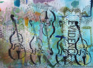 Step-by-step art journal page using Nathalie Kalbach's Bass stencil with Carolyn Dube