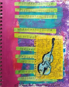 Step-by-step art journal page using Nathalie Kalbach's Bass stencil with Carolyn Dube