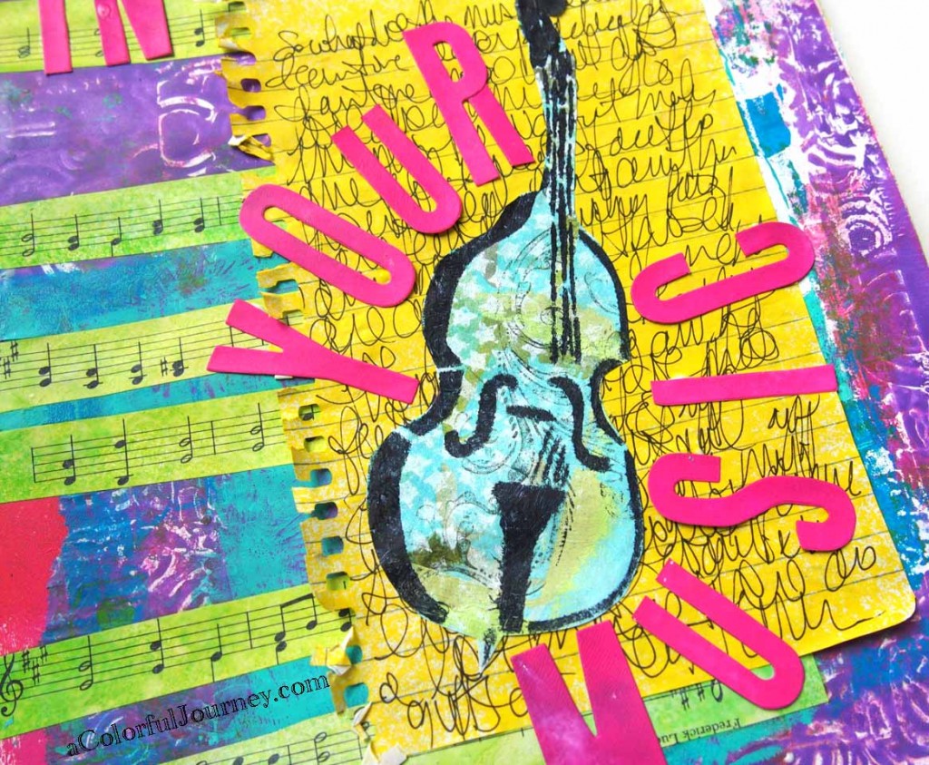 Step-by-step art journal page using Nathalie Kalbach's Bass stencil with Carolyn Dube