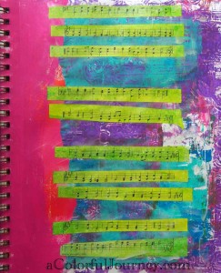 Step-by-step art journal page using Nathalie Kalbach's Bass stencil with Carolyn Dube