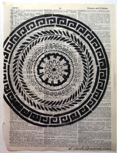 Video tutorial of an art journal page using Maria McGuire's Stitch a Greek Medallion stencil by Carolyn Dube