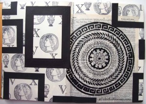 Video tutorial of an art journal page using Maria McGuire's Stitch a Greek Medallion stencil by Carolyn Dube