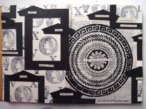Video tutorial of an art journal page using Maria McGuire's Stitch a Greek Medallion stencil by Carolyn Dube