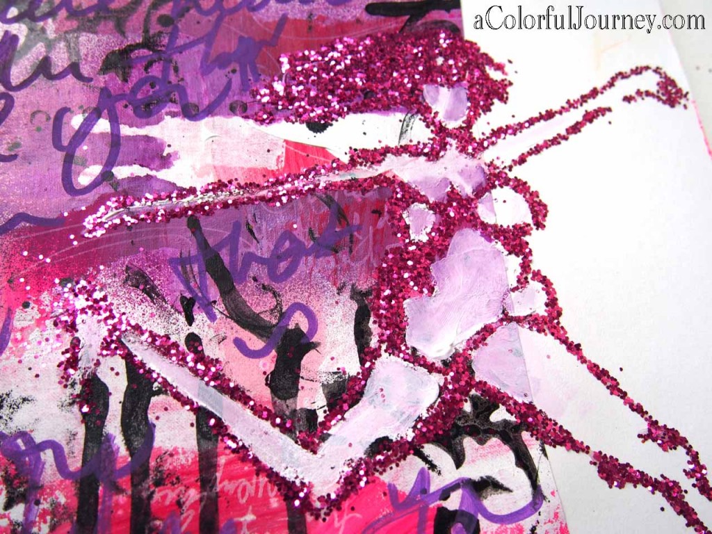 Video tutorial on using glitter with a stencil in an art journal page by Carolyn Dube