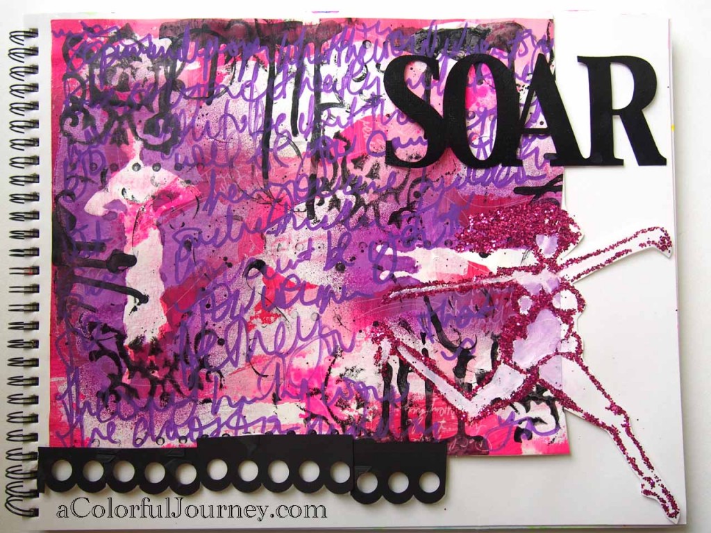 Video tutorial on using glitter with a stencil in an art journal page by Carolyn Dube
