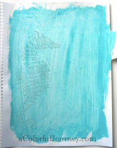 Step by step tutorial with a stencil and bead gel in an art journal by Carolyn Dube using StencilGirl Products stencil