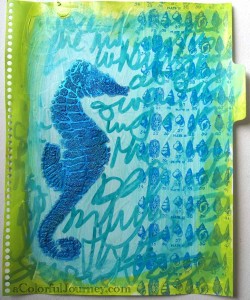 Step by step tutorial with a stencil and bead gel in an art journal by Carolyn Dube using StencilGirl Products stencil