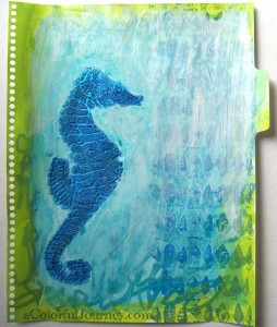 Step by step tutorial with a stencil and bead gel in an art journal by Carolyn Dube using StencilGirl Products stencil