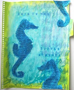 Step by step tutorial with a stencil and bead gel in an art journal by Carolyn Dube using StencilGirl Products stencil