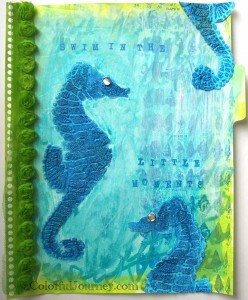 Step by step tutorial with a stencil and bead gel in an art journal by Carolyn Dube using StencilGirl Products stencil