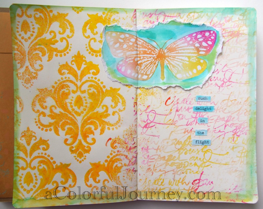 Video tutorial with Dylusions new Spray Ink Pad to make a quick art journal page with rubber stamps and stencils by Carolyn Dube