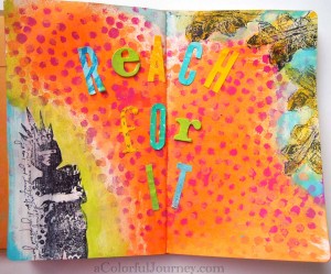 Step by step art journal page using Nathalie Kalbach's What The Point Stencil from StencilGirl Products by Carolyn Dube