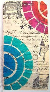 Step by step tag using Pam Carriker's color wheel stencil, rubber stamps, and a butterfly punch by Carolyn Dube 