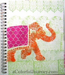 Video by Carolyn Dube showing this art journal page from beginning to end using StencilGirl Products Elephant stencil by Nathalie Kalbach