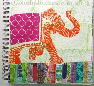 Video by Carolyn Dube showing this art journal page from beginning to end using StencilGirl Products Elephant stencil by Nathalie Kalbach