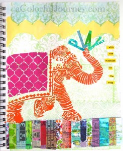 Video by Carolyn Dube showing this art journal page from beginning to end using StencilGirl Products Elephant stencil by Nathalie Kalbach