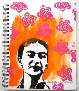 Video showing how to make colorful flowers with tape in an art journal page.  The stencils on this page were designed by Pam Carriker for StencilGirl Prouducts Stencil Club.