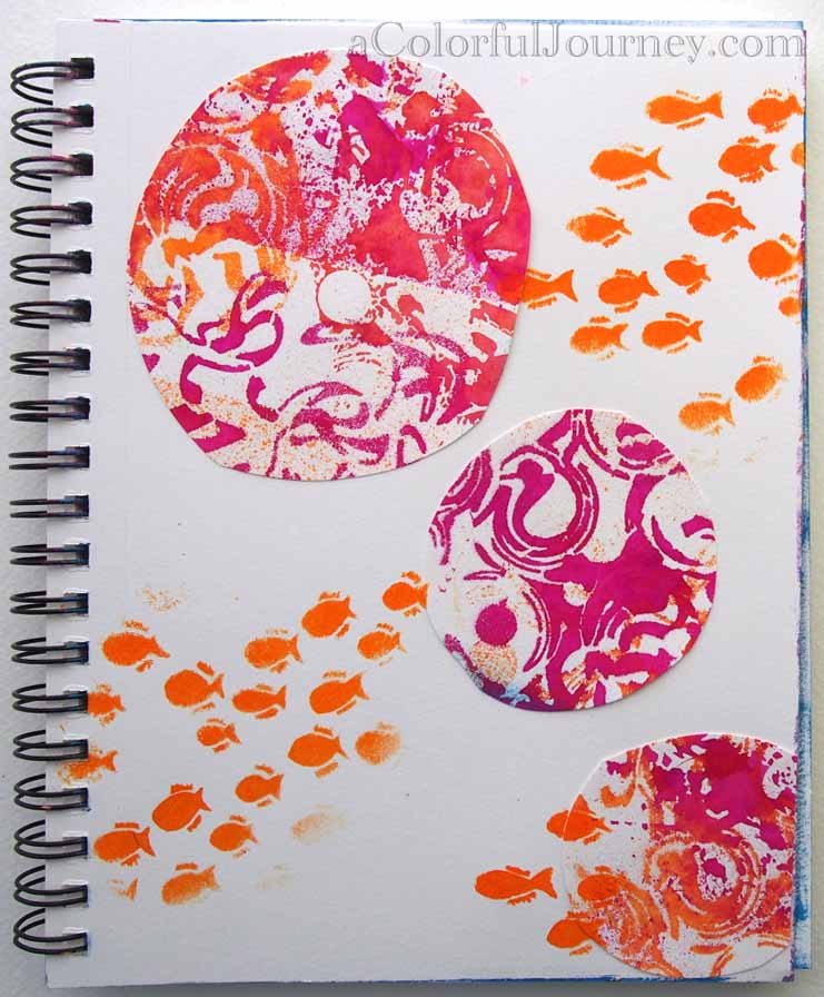 Carolyn Dube art journal page using Dylusions spray inks and a stencil 