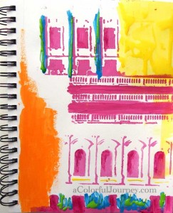 buildings stencil play in an art journal by Carolyn Dube