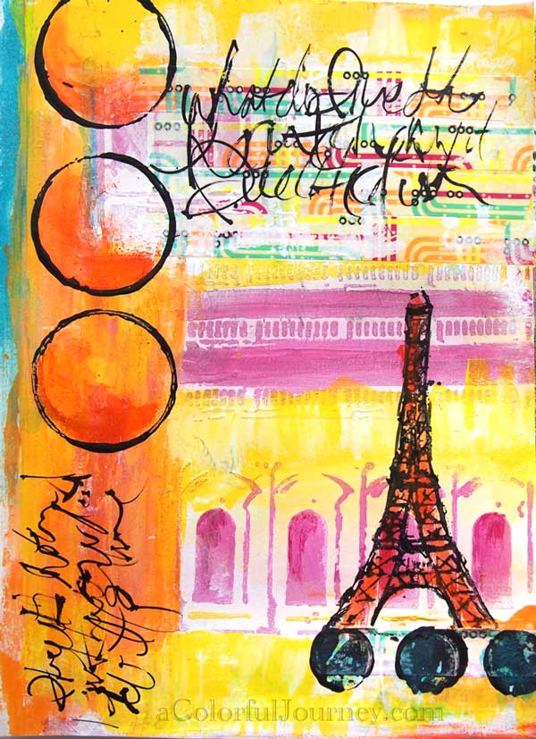 Step-by-step stencil play with paints  in an art journal by Carolyn Dube