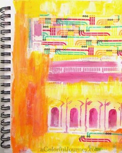 Step-by-step buildings stencil play with washi tape in an art journal by Carolyn Dube