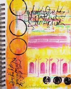 buildings stencil play in an art journal by Carolyn Dube