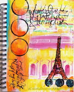 buildings stencil play in an art journal by Carolyn Dube