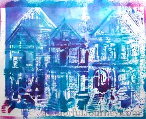 Video tutorial letting go of control with a the trio of houses stencil and spray inks by Carolyn Dube