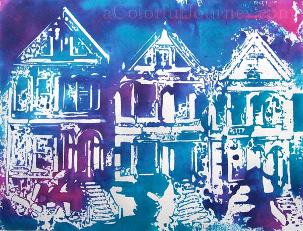 Video tutorial letting go of control with a the trio of houses stencil and spray inks by Carolyn Dube