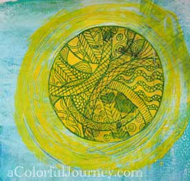 Video tutorial using rubber stamps and stencils together on a Gelli print by Carolyn Dube