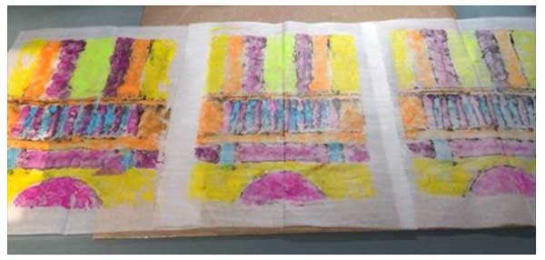 Student artwork from One Pull Wonders Gelli Printing Workshop with Carolyn Dube