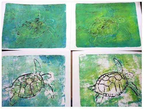 Student artwork from One Pull Wonders Gelli Printing Workshop with Carolyn Dube