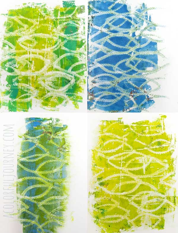 A Colorful Gelli Print Party video tutorial using rope to make your own texture tool for Gelli Printing