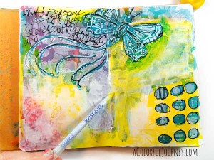 Check out the step by step layers of stenciling building up on this art journal page with fantastix!