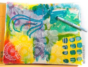 Check out the step by step layers of stenciling building up on this art journal page using Fantastix!
