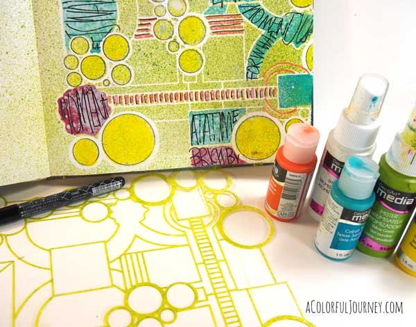 Video of my mixed media art journal play with a doodling stencil 