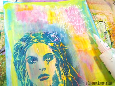 Step by step art journaling a stenciled face with a big Oops with a BIG message