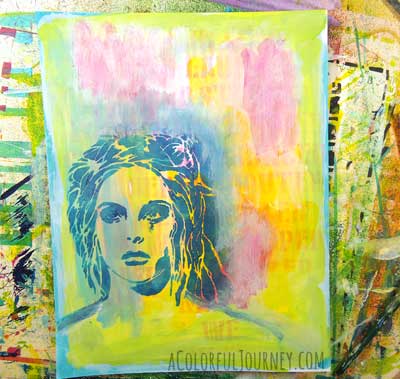 Step by step art journaling a stenciled face with a big Oops with a BIG message